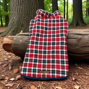 Eddie Bauer Pet Dog Coat Jacket Sz XL Reversible Fleece Lined Red Buffalo Plaid